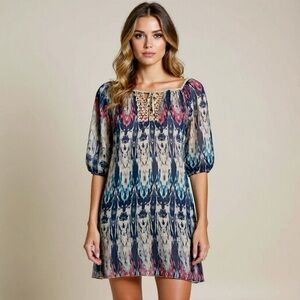 Marina Gigli Made in Italy 100% Silk Dress Tunic Lined Size S Balloon Sleeve